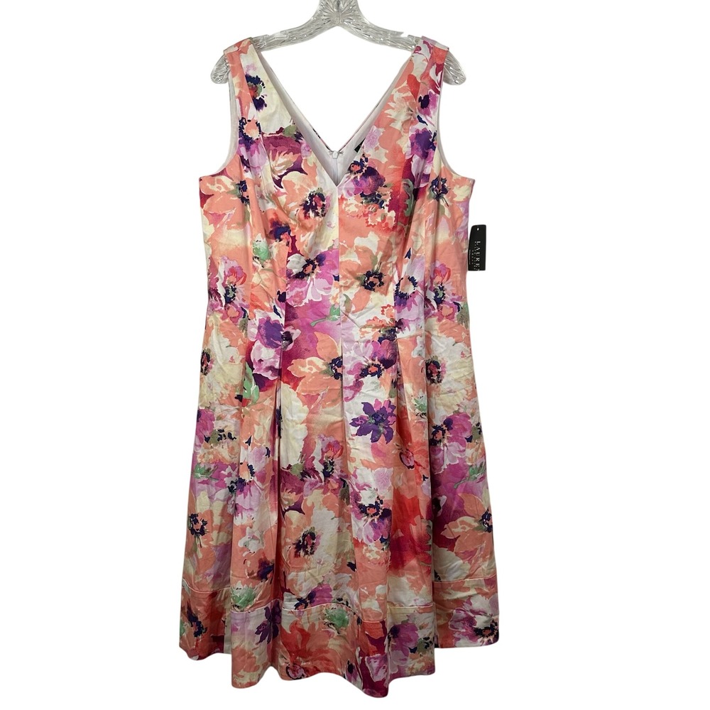Lauren Ralph Lauren Floral V-Neck Fit Flare Dress Pink Orange 14W